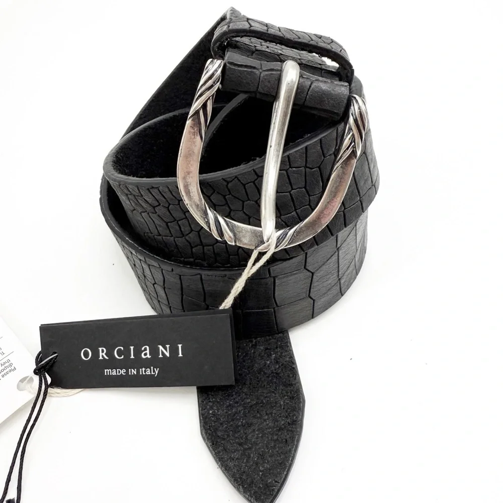 Orciani Handmade Crocodile Emobossed Matte Leather Italian Made Black Belt, XS
